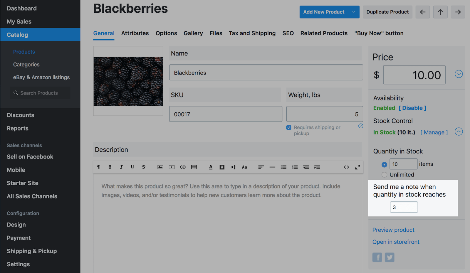 Set low quantity notification for a product