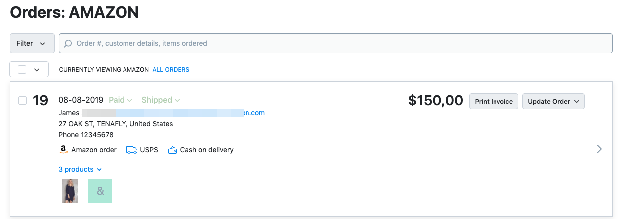 Amazon order details on Ecwid sales page